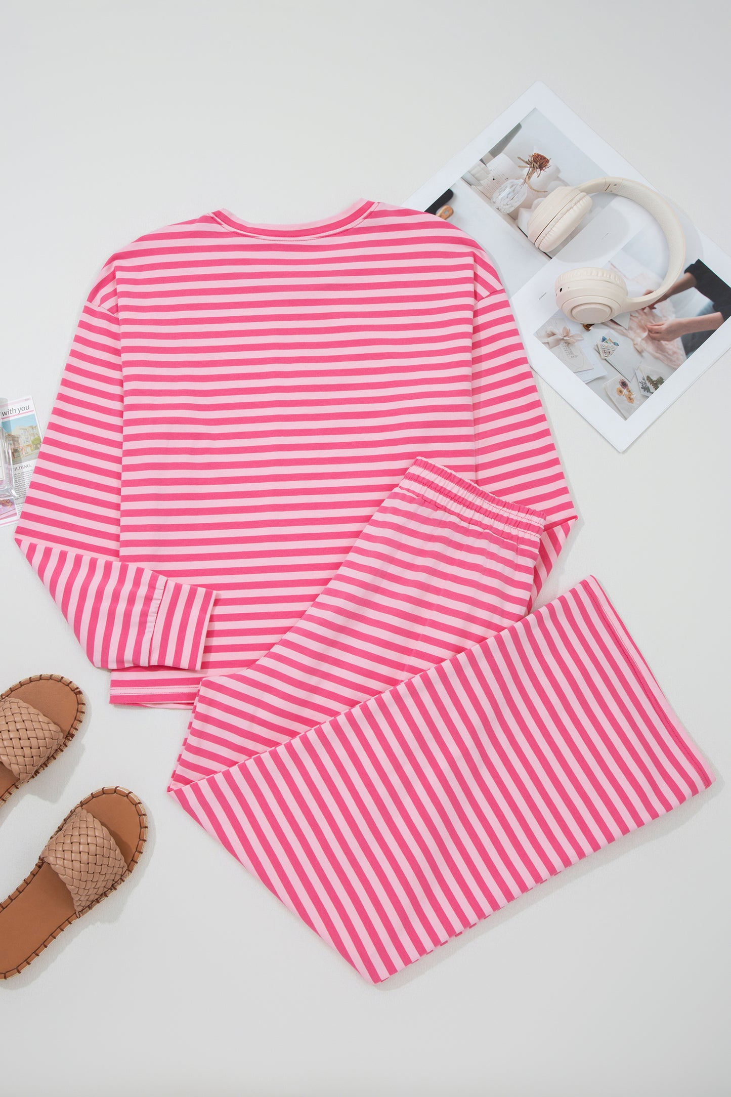Striped Lounge Set Long Sleeve Top Wide Leg Pants