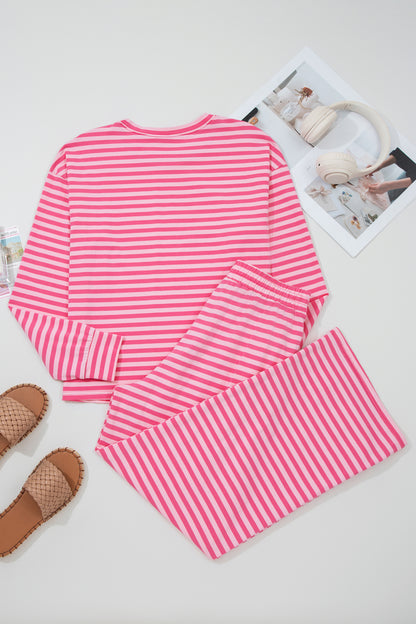 Striped Lounge Set Long Sleeve Top Wide Leg Pants