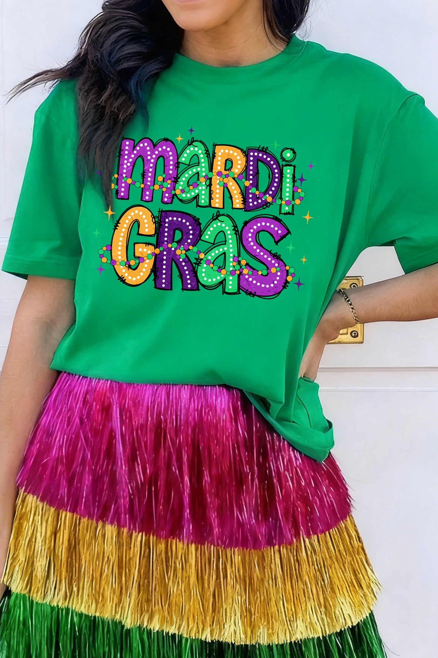 Green Mardi Gras Graphic Tee Colorful Letter Print Top