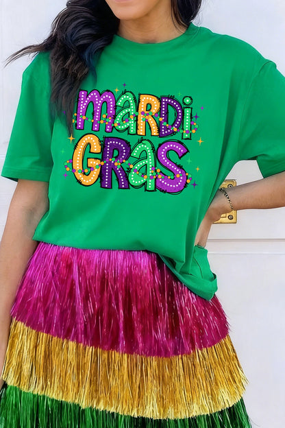 Green Mardi Gras Graphic Tee Colorful Letter Print Top