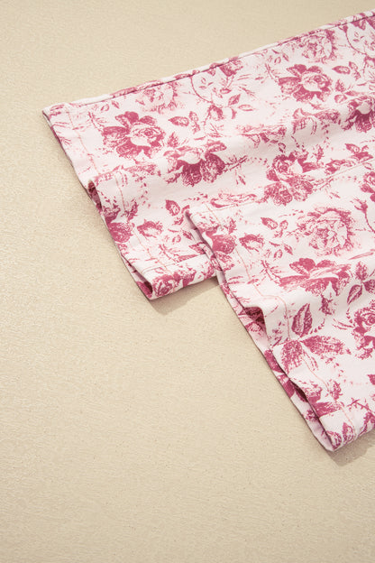 Pink Vintage Floral Print Wide Leg Denim Pants
