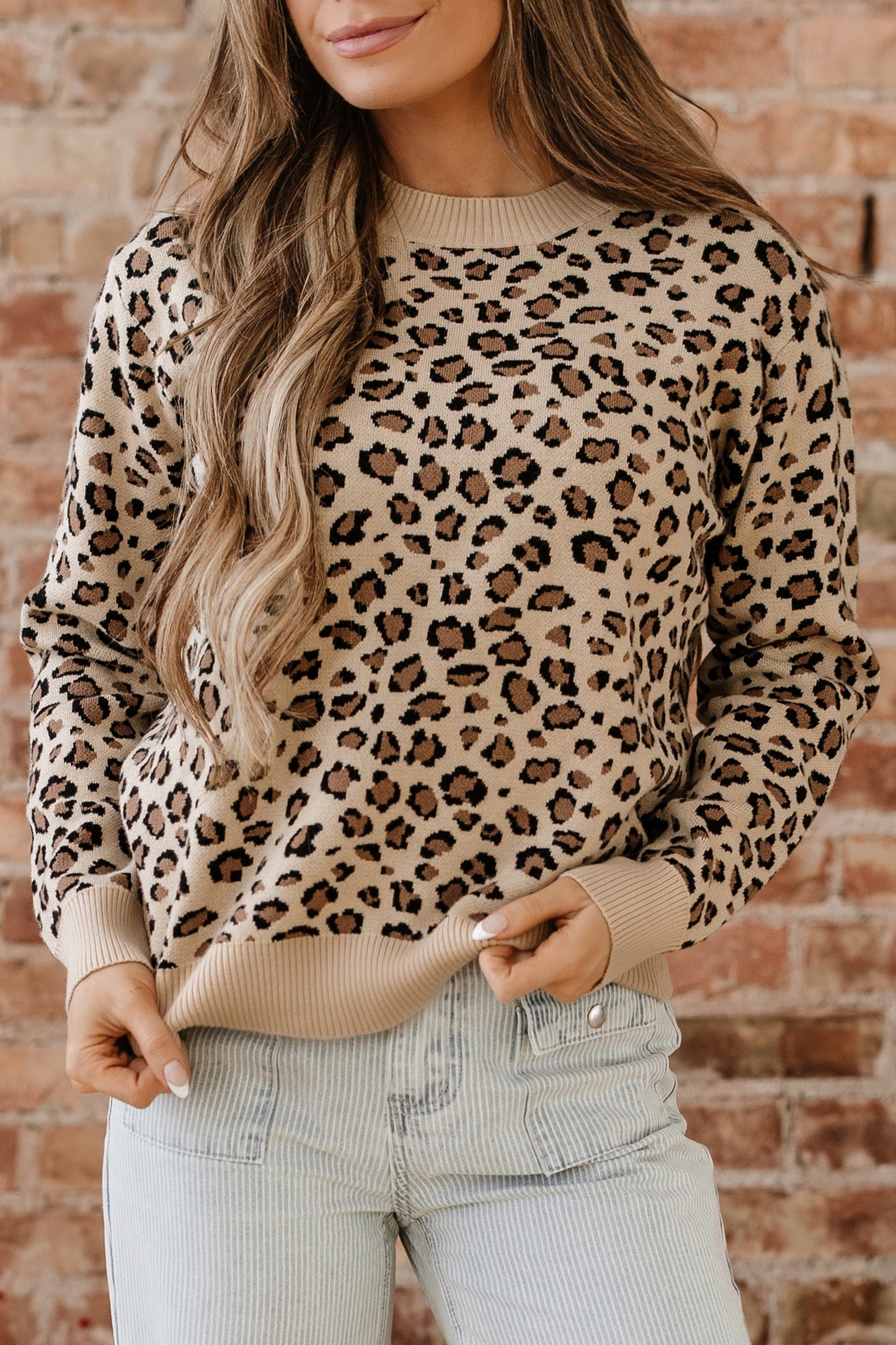 Khaki Leopard Print Crew Neck Long Sleeve Knit Sweater