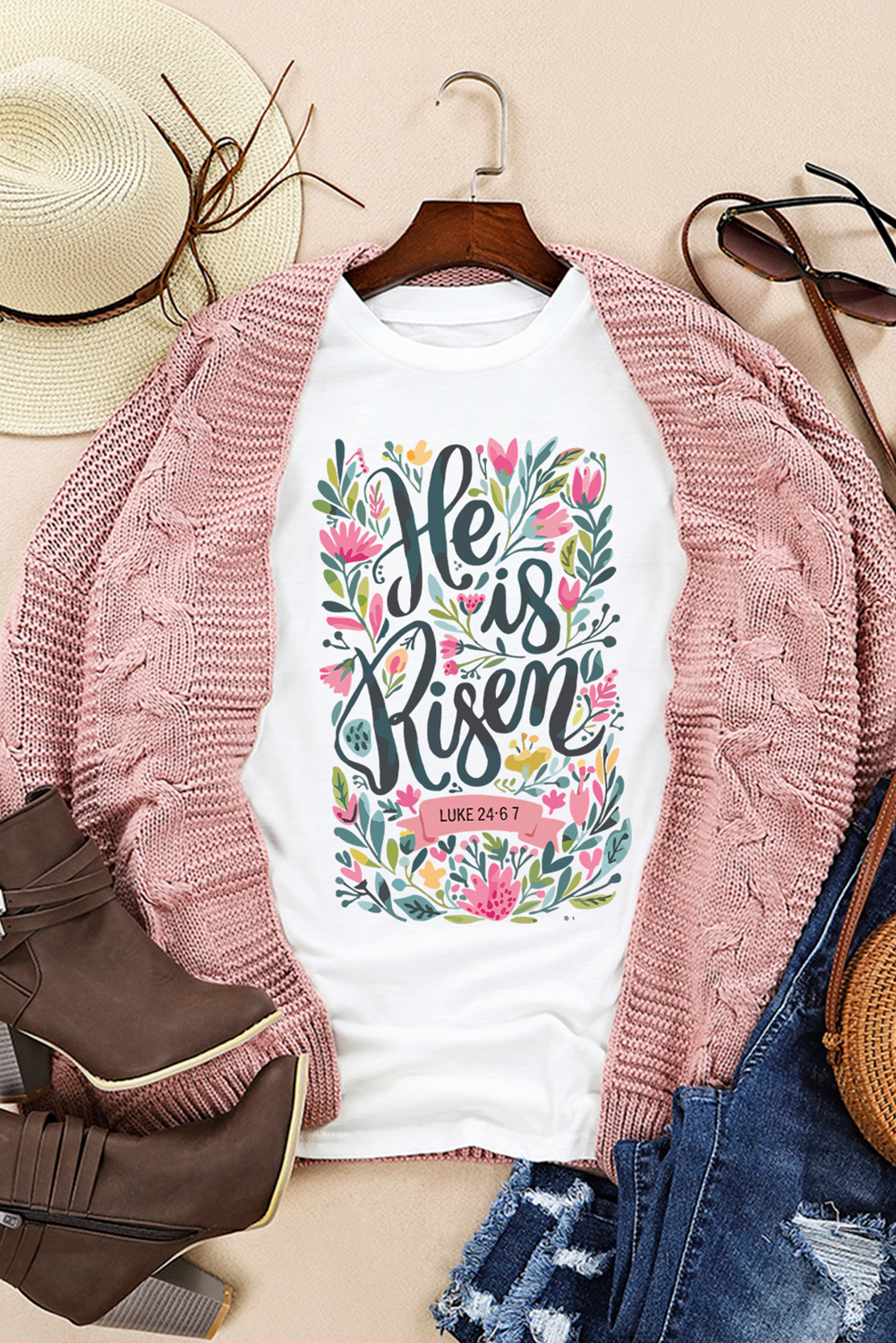 He Is Risen Floral Christian Easter Graphic Tee