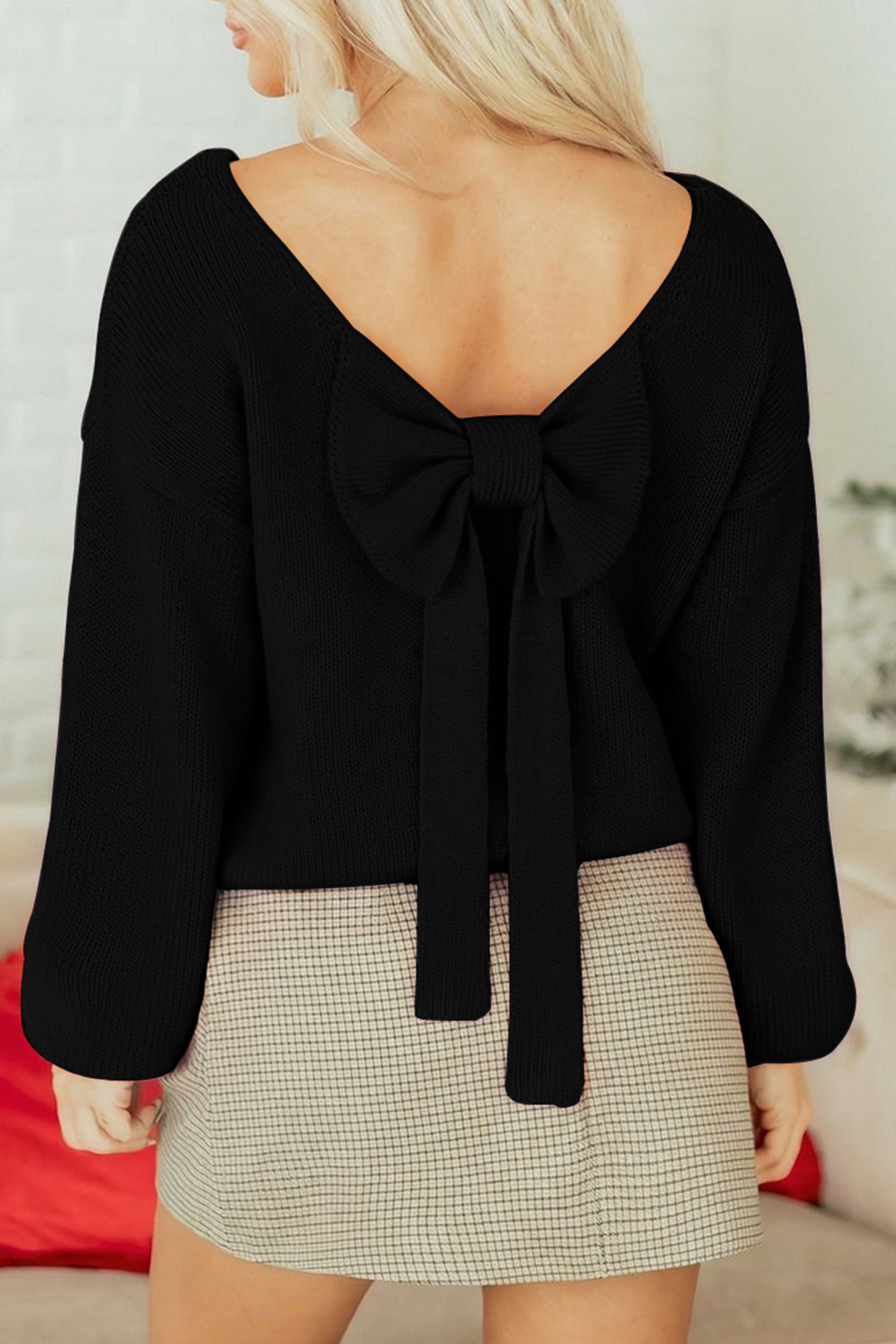 Valentine’s Day Red Bow Backless Bubble Sleeve Sweater