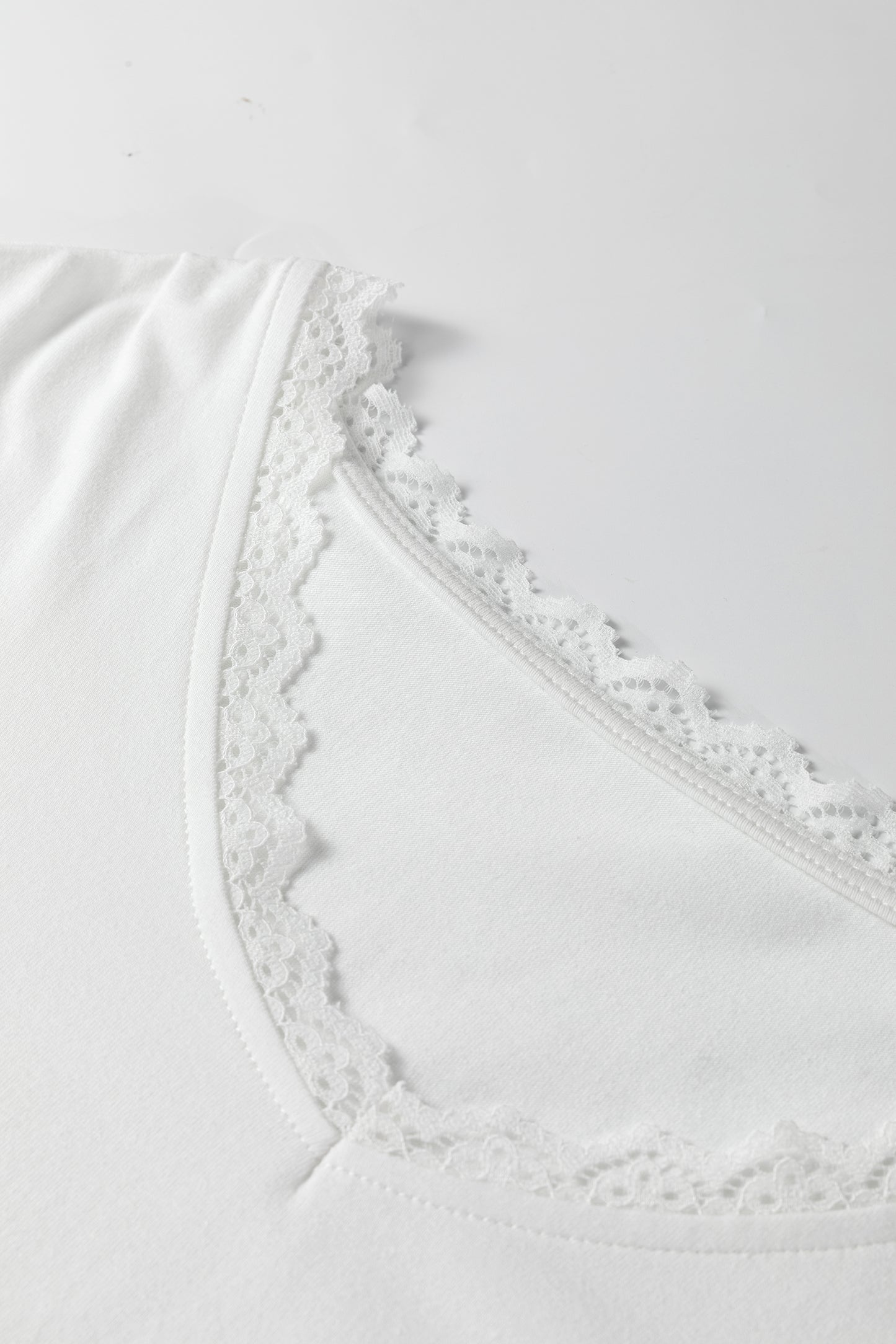 White V Neck Lace Trim Long Sleeve Soft Casual Top