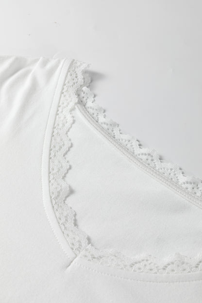 White V Neck Lace Trim Long Sleeve Soft Casual Top