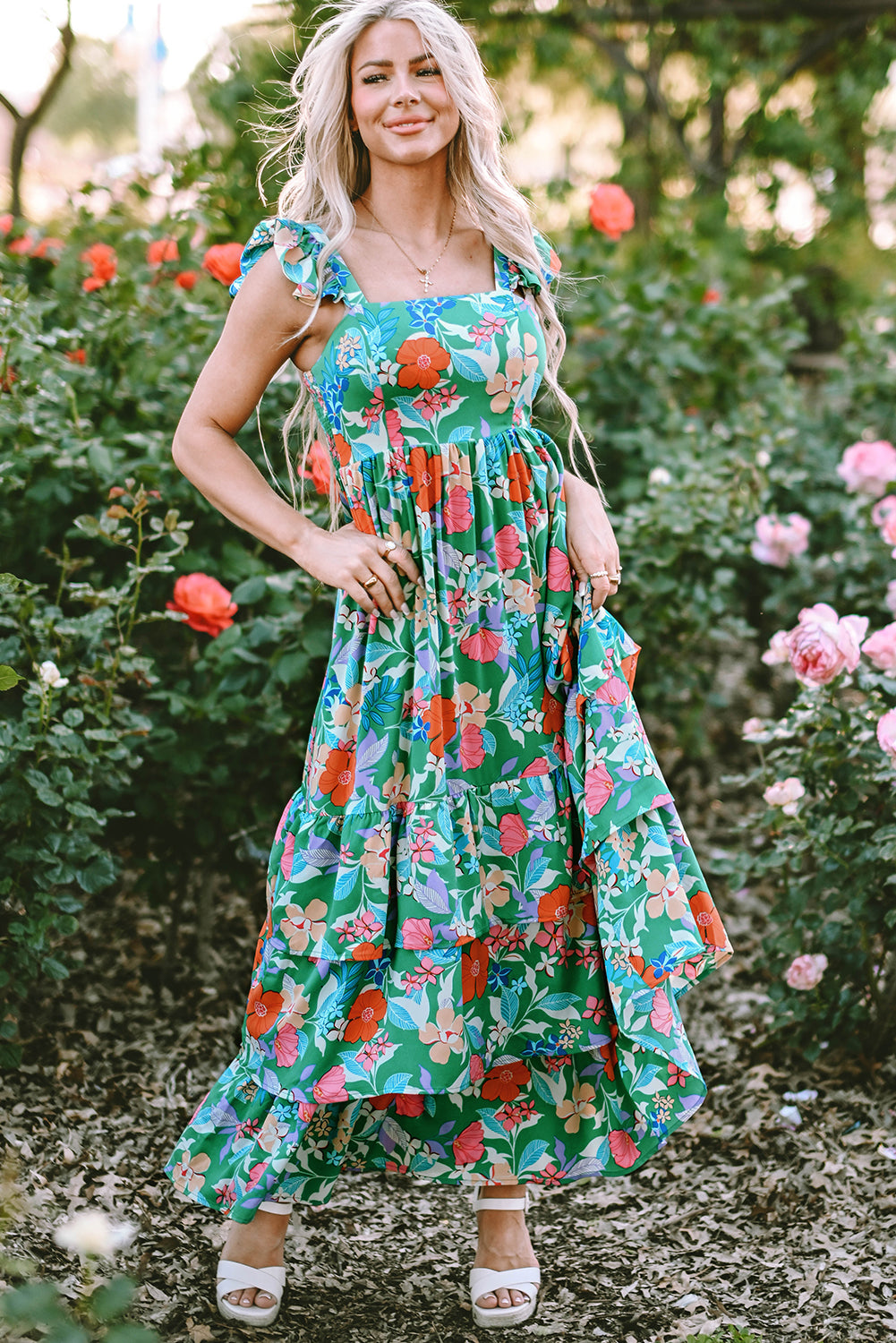 Easter Floral Square Neck Ruffle Strap Maxi Dress