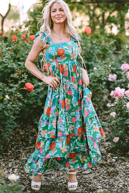 Easter Floral Square Neck Ruffle Strap Maxi Dress