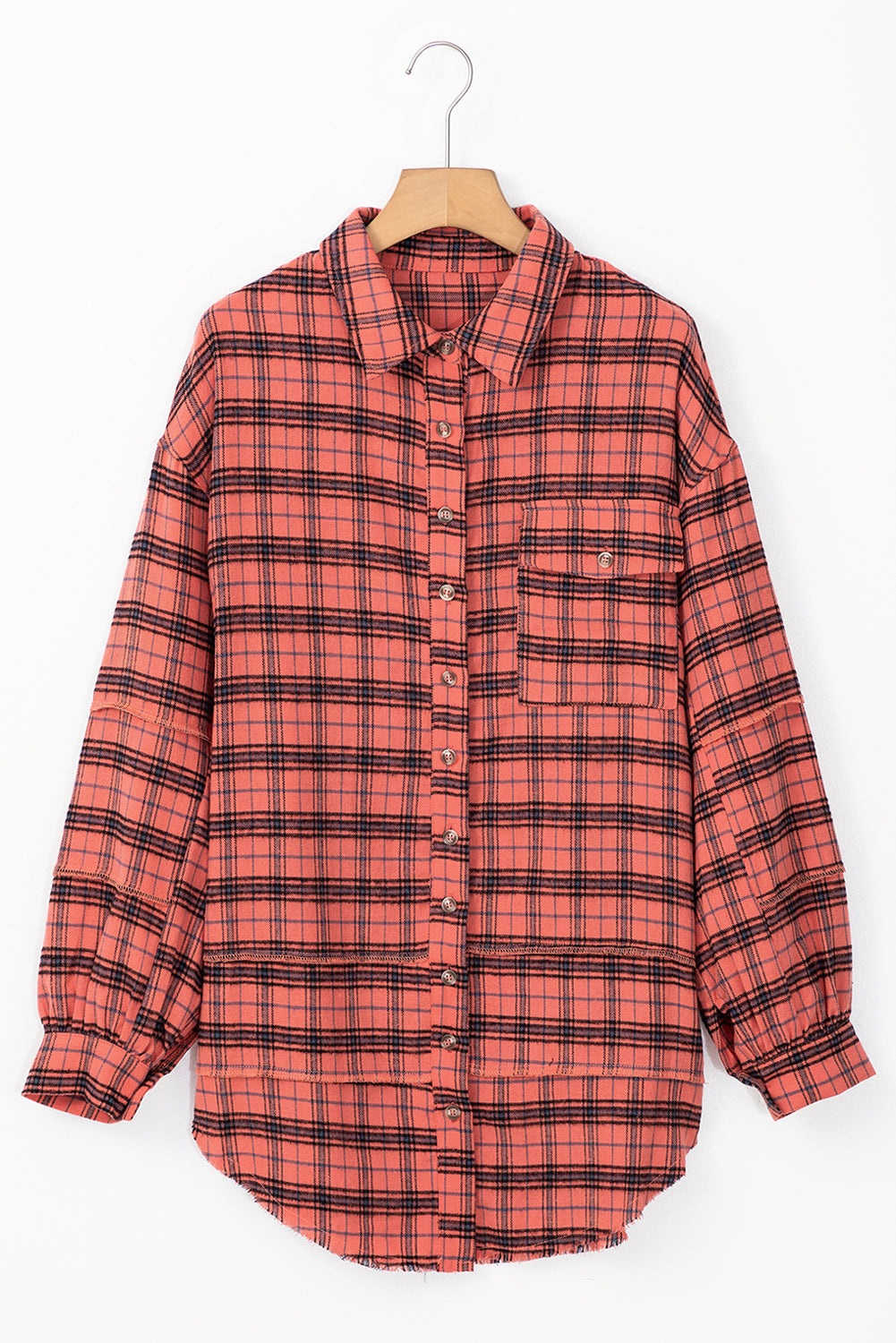 Plaid Long Sleeeve Side Split Distressed Hem Shirt