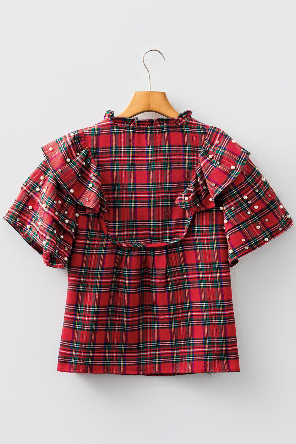 Red Christmas Plaid Pearl Ruffle Short Sleeve Holiday Blouse