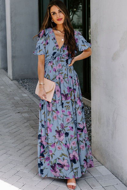 Sky Blue Floral V Neck Ruffle Short Sleeve Maxi Dress