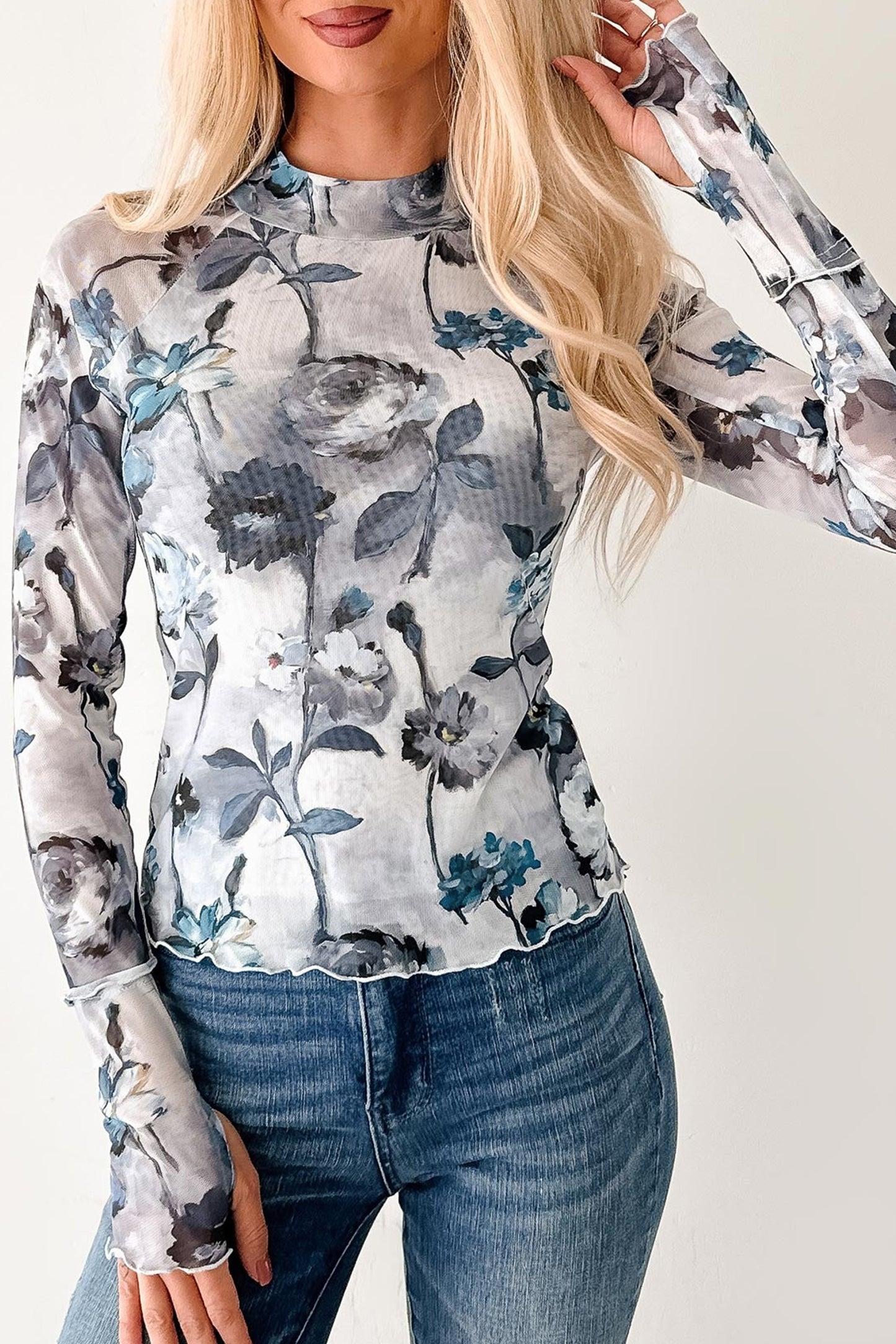 Blue Floral Mesh Mock Neck Long Sleeve Top