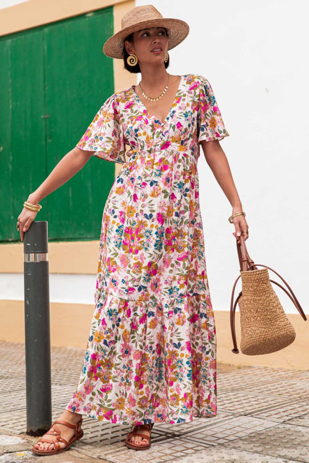 Easter Floral V Neck Short Sleeve Boho Maxi Dress