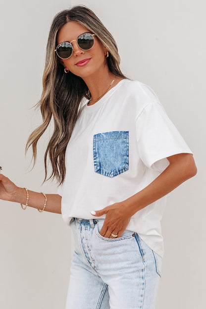 Pocket Tee Women Contrast Denim Pocket Casual T Shirt
