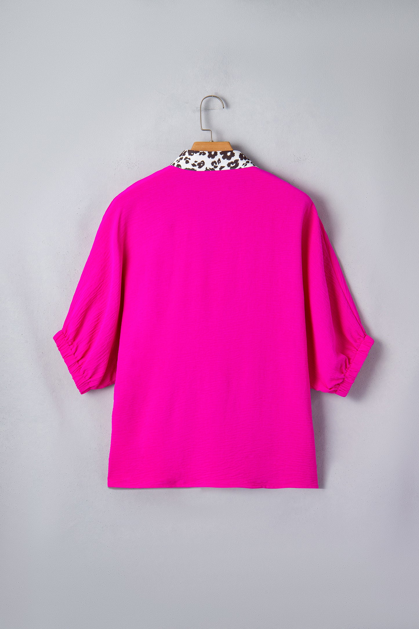 Rose Leopard Trim V Neck Dolman Sleeve Blouse Loose Fit Top