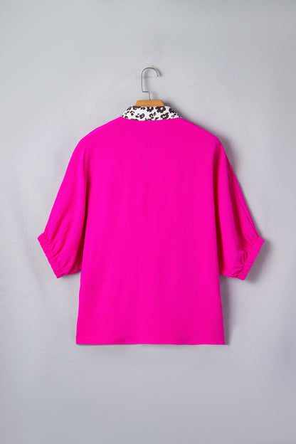 Rose Leopard Trim V Neck Dolman Sleeve Blouse Loose Fit Top