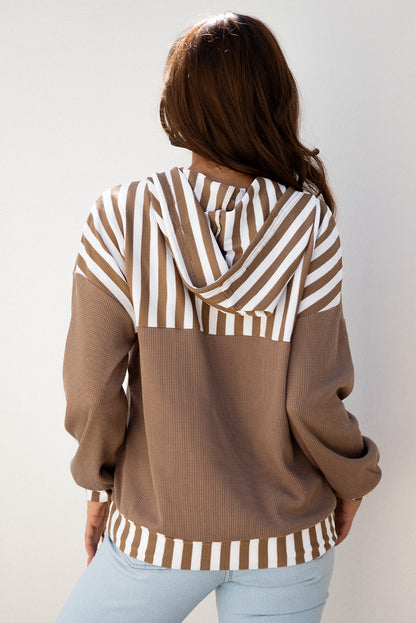 Striped Patchwork Button Neck Drawstring Hoodie with Waffle Texture