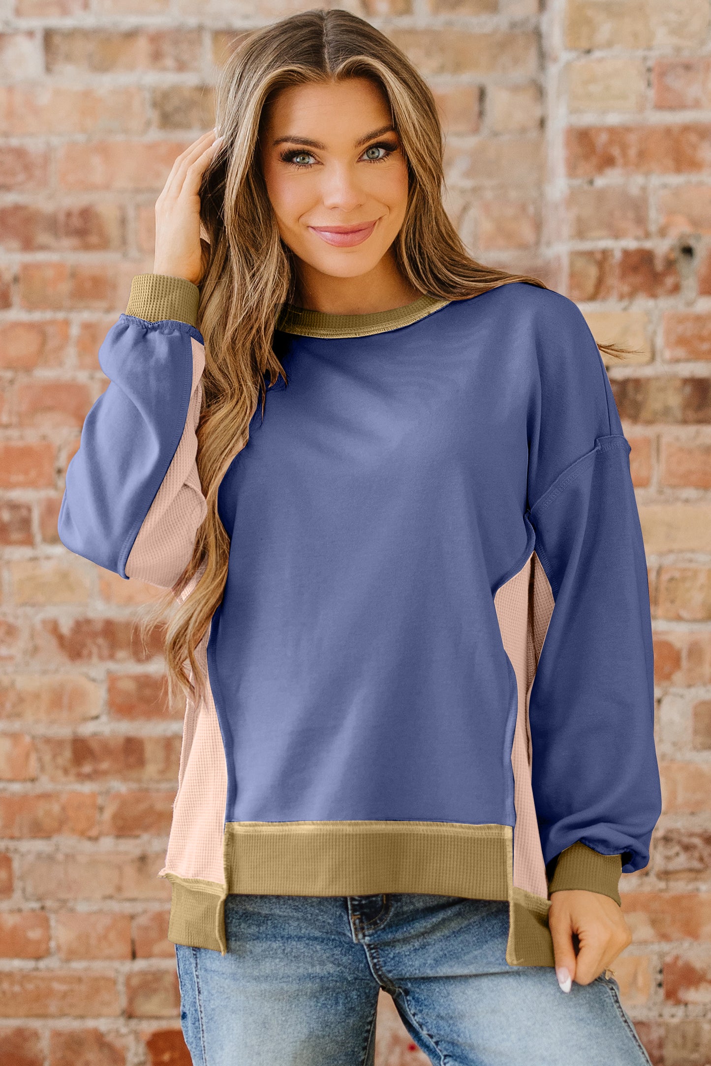 Color Block Patchwork Waffle Knit Oversized Sweatshirt