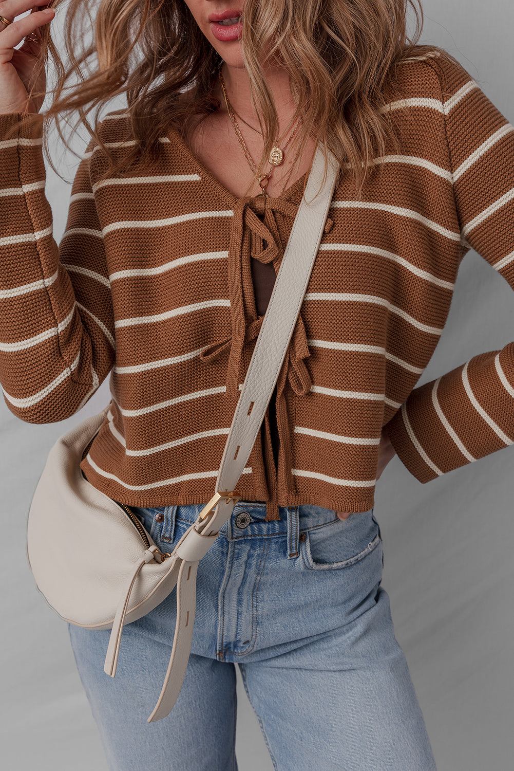 Chestnut Striped Knit Tie Front V Neck Cardigan Sweater