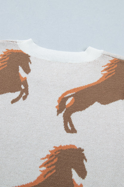 Western Horse Print Puff Sleeve Knit Sweater Top