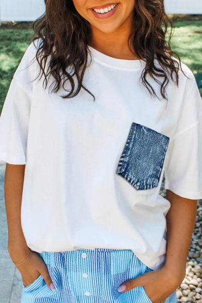 Pocket Tee Women Contrast Denim Pocket Casual T Shirt