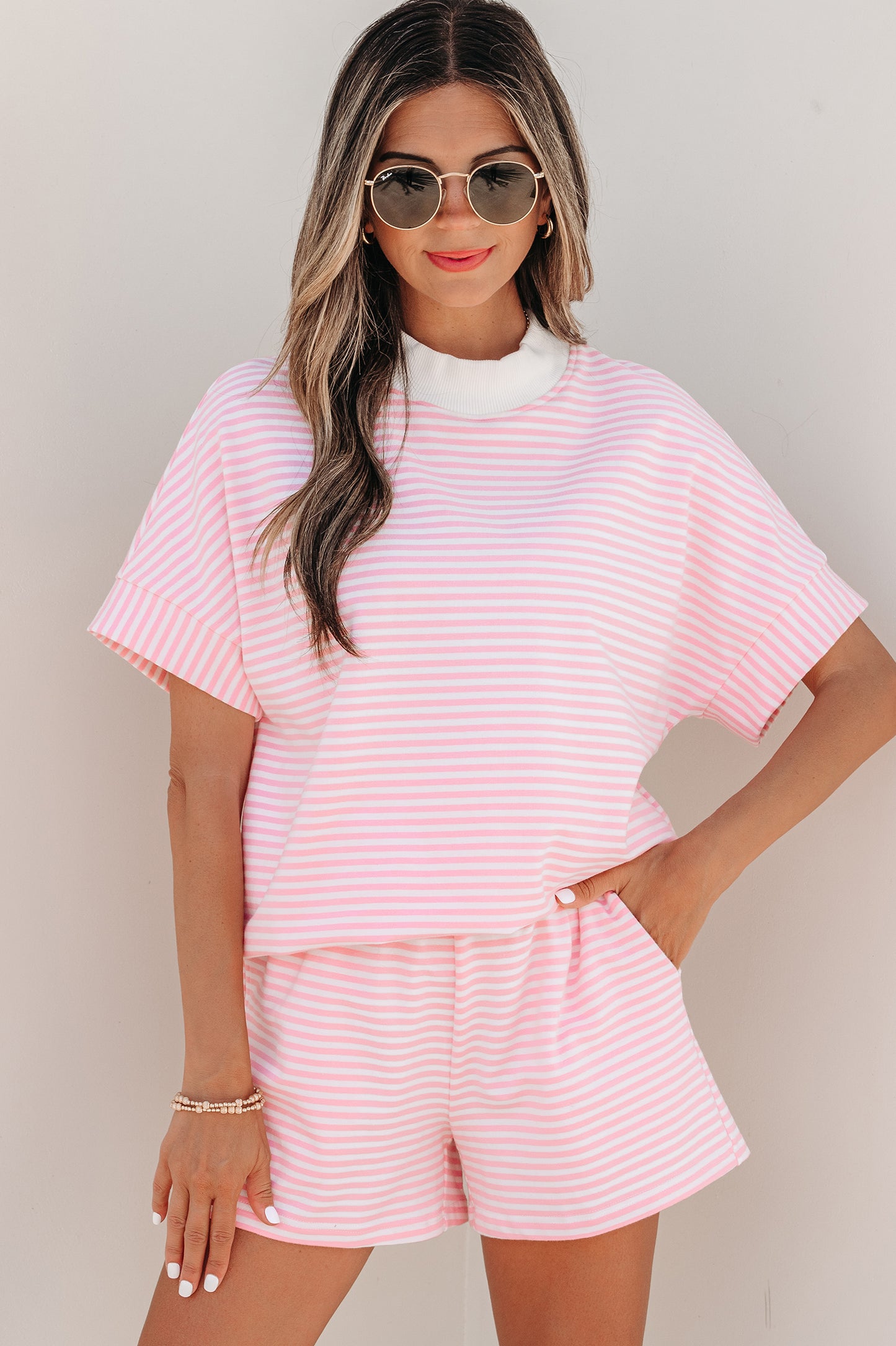 Casual Stripe 2 Piece Short Set Women Lounge Outfit