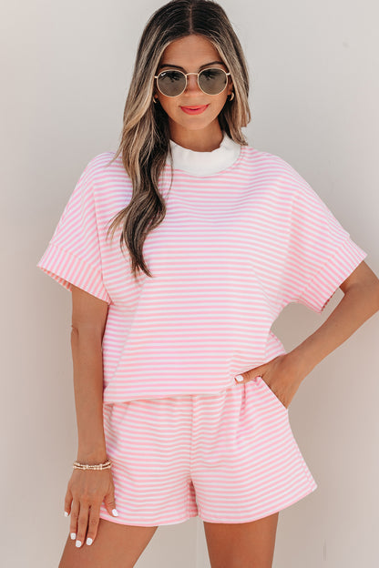 Casual Stripe 2 Piece Short Set Women Lounge Outfit