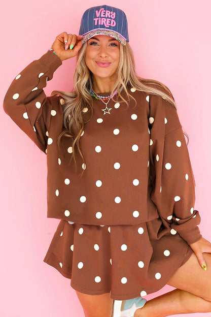 Brown Polka Dot Sweatshirt Skort Two Piece Set