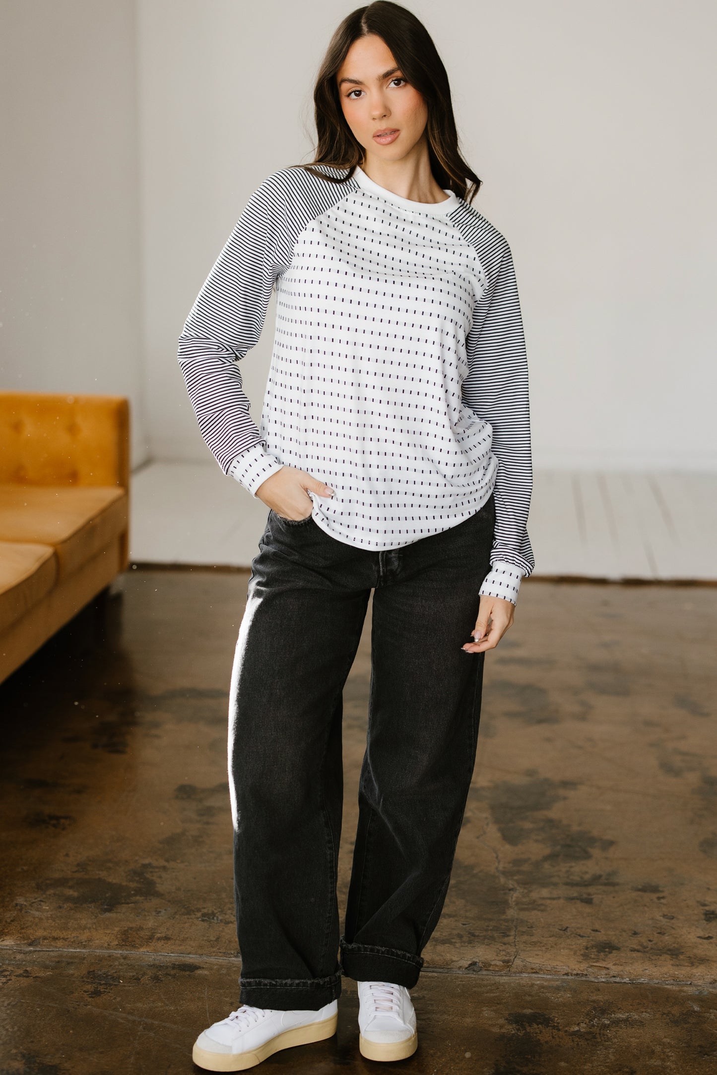 Striped Raglan Sleeve Color Block Long Sleeve Top