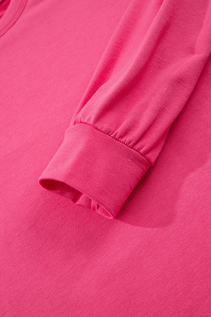 Bright Pink Patchwork Hemline Round Neck Casual Top
