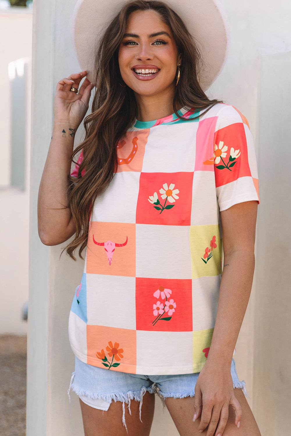Women Color Block Patchwork Graphic T Shirt
