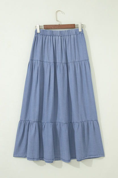 Blue Tiered Denim Maxi Skirt Elastic Waist Casual Summer