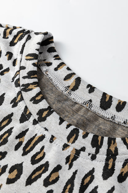 Beige Leopard Print Short Sleeve Top and Wide Leg Pants Set