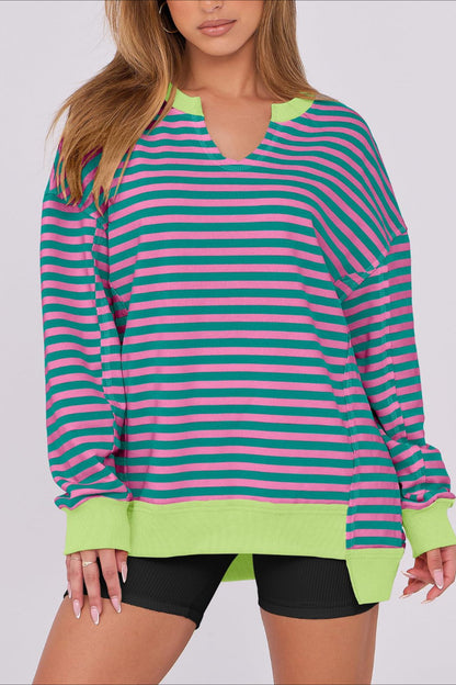 Bold Striped V-Neck Sweatshirt with Neon Contrast Trim