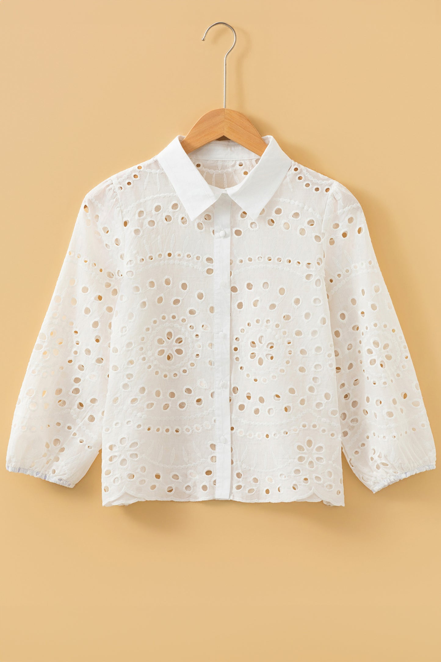 White Eyelet Embroidered Puff Sleeve Button Crop Shirt