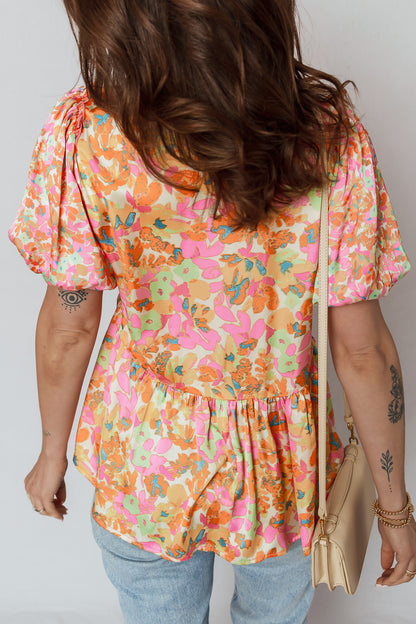 Orange Floral Split V Neck Short Sleeve Peplum Blouse