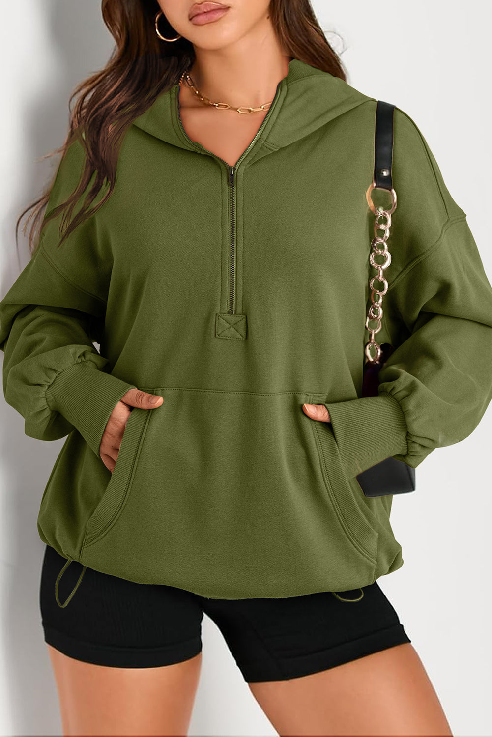 Solid Kangaroo Pocket Half Zipper Oversized Hoodie