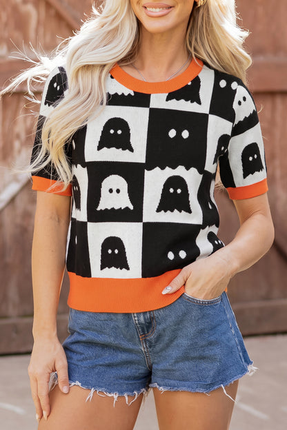 Halloween Ghost Checkered Short Sleeve Knit Sweater