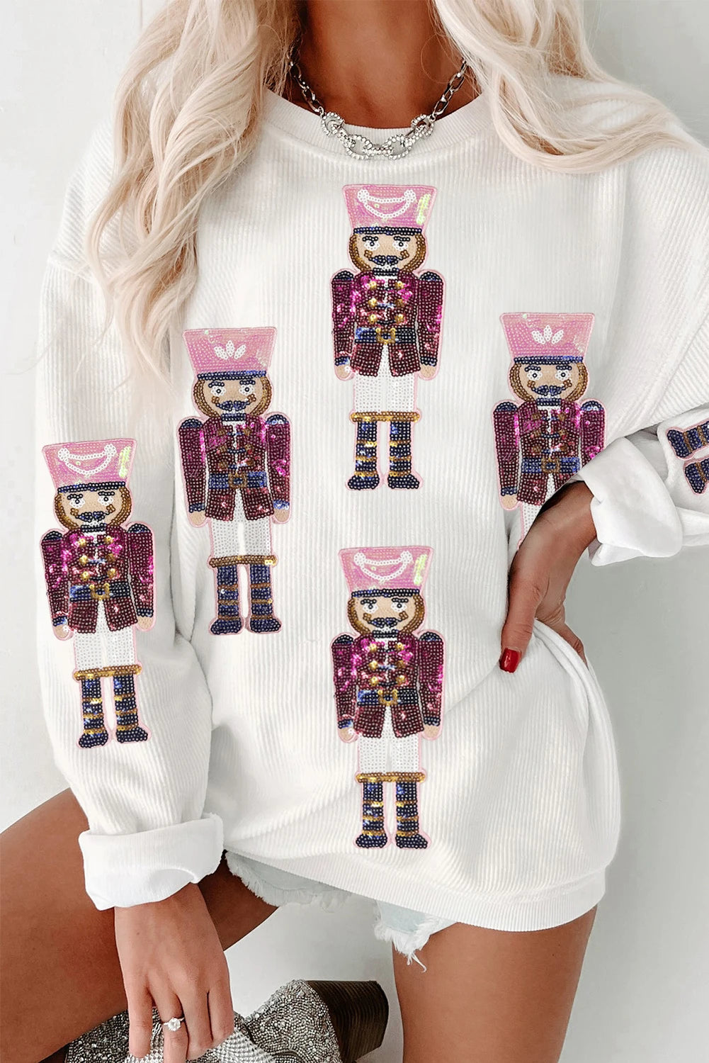 White Sequined Nutcracker Doll Christmas Fashion Corded Baggy Sweatshirt