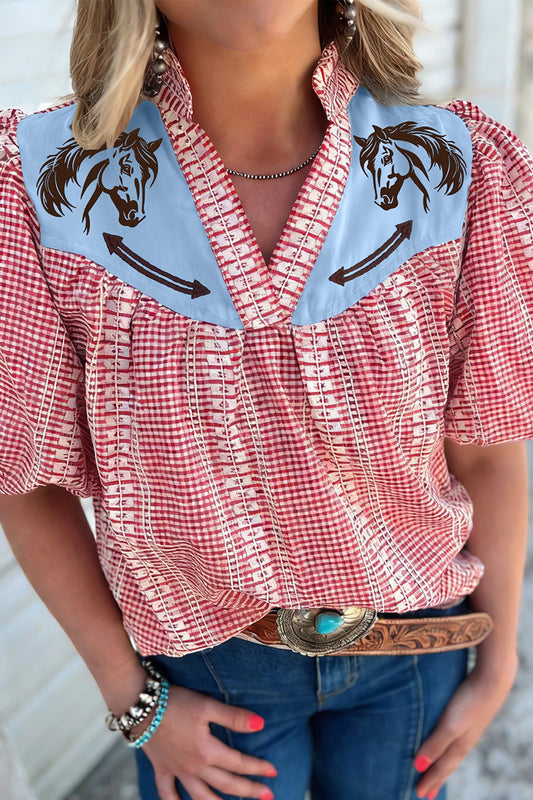 Western Embroidered Gingham Blouse Women Puff Sleeve