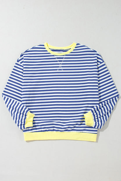 Sky Blue Stripe Oversized Contrast Trim Pullover Sweatshirt