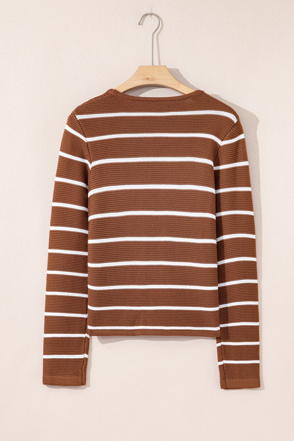 Chestnut Striped Knit Tie Front V Neck Cardigan Sweater
