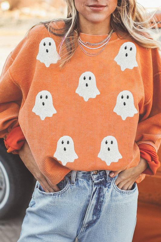 Women's Halloween Ghost Patch Ribbed Knit Sweatshirt
