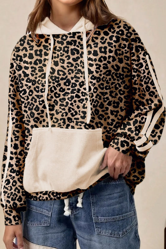 Leopard Print Waffle Knit Contrast Hoodie with Kangaroo Pocket