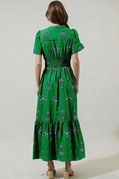 Floral Smocked Waist Maxi Dress Split Neck Boho