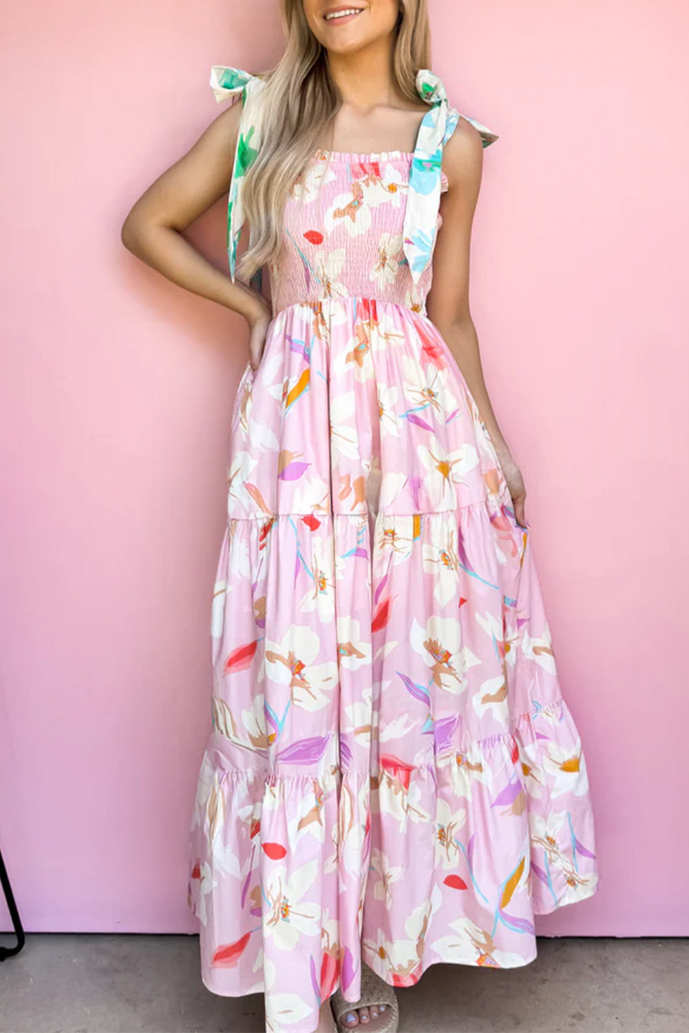 Pink Floral Smocked Maxi Dress Tie Shoulder Flowy