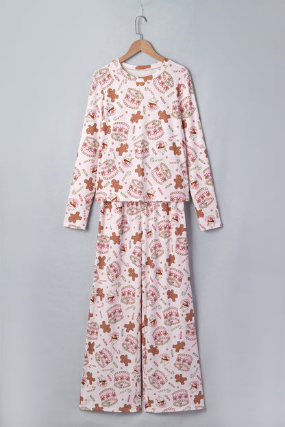 Pink Abstract Christmas Print Long Sleeve Two Piece Lounge Set