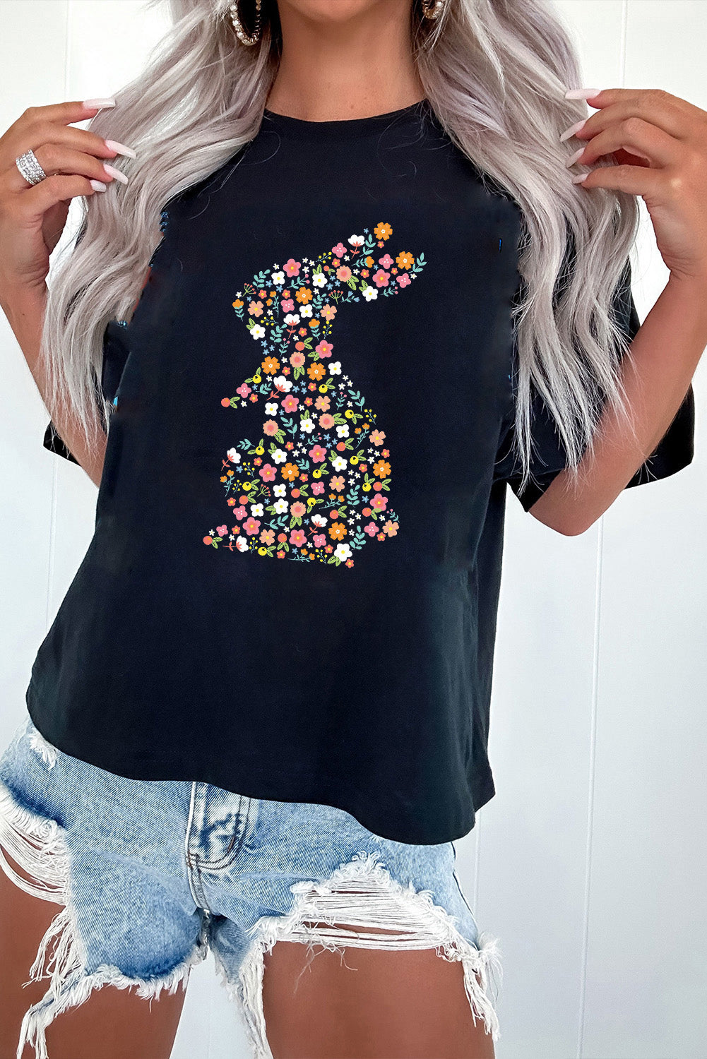 Easter Floral Bunny Graphic Short Sleeve T Shirt