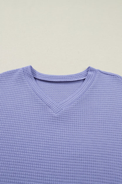 Strawberry Pink Waffle Knit V Neck Short Sleeve Casual Top