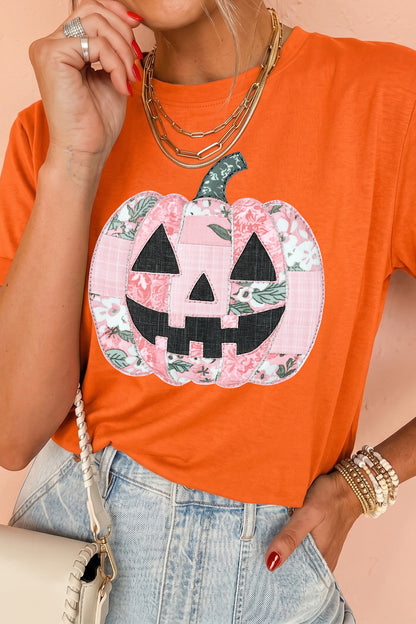 Floral Patchwork Pumpkin Graphic Halloween Tee